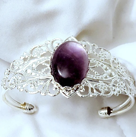 HAND CRAFTED Genuine Amethyst Silver Cuff Bracelet - Picture 2 of 4